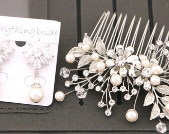 Silver Bridal Hair Comb and Earring Set, Pearl Crystal Wedding Accessories Rhinestone Wedding hair clip Bridal hair jewelry Wedding earrings