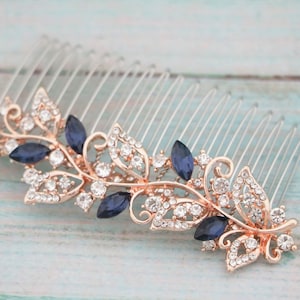 Navy blue Wedding hair comb Rose gold Bridal comb Wedding headpiece Wedding hair accessories Bridal hair jewelry Wedding comb Side hair comb