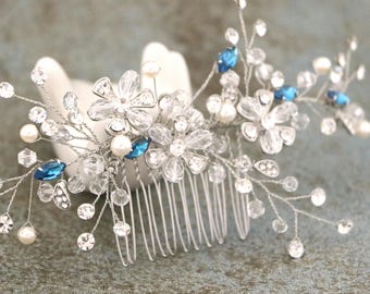 Bridal Hair Comb with Crystals and Pearls Siler Wedding hair clip Navy blue Wedding comb Bridal hair accessories Rhinestone hair jewelry