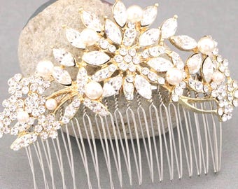Gold Rhinestone Pearl Wedding Hair Comb Crystal Wedding hair clip Bridal hair accessories headpiece Wedding hair piece Bridal hair comb Side