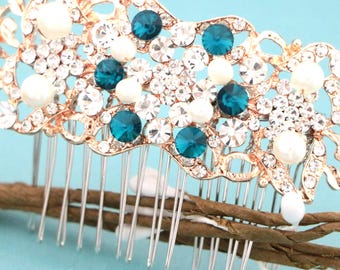 Crystal Bridal Hair Comb: Emerald Sapphire Blue Wedding Headpiece, Silver tone Finish Rose gold Wedding hair clip Navy blue hair comb Side