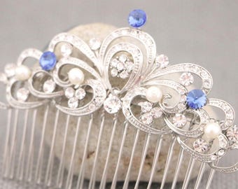 Silver Wedding Hair Comb: Sapphire Blue Crystal Bridal Headpiece Bridal hair accessories Wedding hair clip Bridal hair piece Navy blue comb