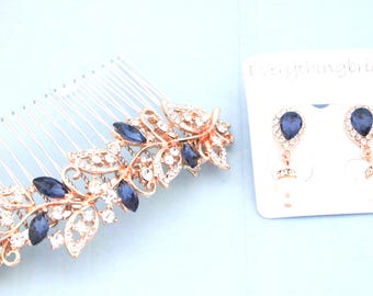 Rose gold Blue Wedding earrings Navy blue Wedding hair clip Bridal hair jewelry pearl drop Bridal earrings Gold veil comb Sapphire Hair comb