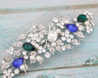 Sapphire hair comb Silver Wedding hair comb Pearl side comb Navy blue Wedding comb Crytal hair piece Wedding hair jewelry Bridal hair comb