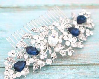 Silver Crystal Bridal Hair Comb, Emerald Sapphire Blue Wedding Headpiece Large Wedding hair clip Bridal hair accessories Gold veil comb Blue