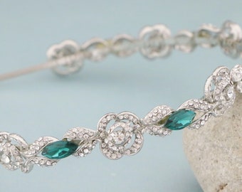 Green Crystal headband Bridal Blue Headband Blue Bridal Hair Accessories Silver Wedding headband Navy blue Wedding tiara Bridal headband