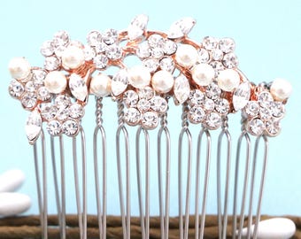 Rose Gold Bridal Hair Comb with Crystals and Pearls Bridal hair clip Wedding hair accessories Bridal hair jewelry Gold veil comb Side comb