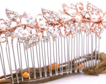 Gold Bridal Hair Comb: Rhinestone & Swarovski Pearl Wedding Accessory Rose gold Wedding hair clip Bridal hair clip Wedding barrette hairclip