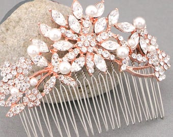 Rose Gold Bridal Hair Comb: Rhinestone & Pearl Wedding Hair Accessory Bridal hair clip Gold headpiece Crystal Wedding hair comb Small Large