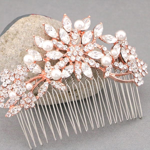 Rose Gold Bridal Hair Comb: Rhinestone & Pearl Wedding Hair Accessory Bridal hair clip Gold headpiece Crystal Wedding hair comb Small Large