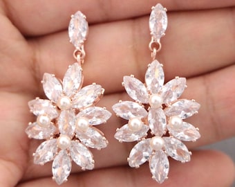 Pearl wedding earrings dangle Rose gold Rhinestone earrings Gold Crystal earrings Silver CZ earrings Bridesmaid earrings boho Bridal earring