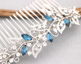 Silver Wedding Hair Comb with Sapphire Blue Crystal and Rhinestones – Bridal Headpiece Navy blue Wedding hair clip Gold veil comb Rose gold
