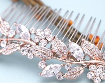 Rose Gold Crystal Comb, Bridal Hair Piece, Wedding Hair Accessories, Prom Jewelry Blue Wedding hair clip Gold veil comb Side hair comb Navy