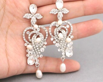 wedding earrings for brides pearl drop Bridal earrings Crystal earrings Rhinestone earrings Gold Bridesmaid earrings Wedding jewelry earring