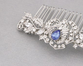 Navy blue hair comb Silver Wedding hair piece Wedding hair accessories for bun Wedding headpiece Bridal hair comb Blue hair jewelry Side