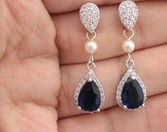 Cubic Zirconia Bridal Earrings Blue Navy Earrings Bridesmaid jewelry earrings Dark Blue Earrings Blue Sapphire Wedding Earrings Rhinestone