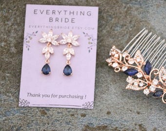 rose gold rhinestone hair comb Navy blue drop Wedding earrings Gold veil comb Crystal drop Bridal earrings Blue hair jewelry Wedding comb