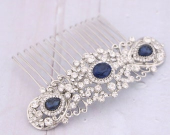 bridal veil comb Navy blue Wedding hair comb Side Bridal headpiece Blue hair jewelry Bridal hair comb Wedding hair accessories Rhinestone in