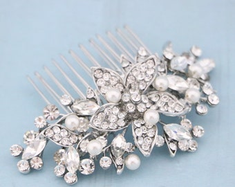White opal Wedding hair comb Pearl side comb Wedding hair jewelry Rhinestone Wedding comb Navy blue Bridal hair comb Something blue haircomb