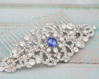 Wedding hair comb Large Wedding headpiece Blue hair comb Rhinestone side comb Wedding hair jewelry Bridal hair accessories floral Wedding