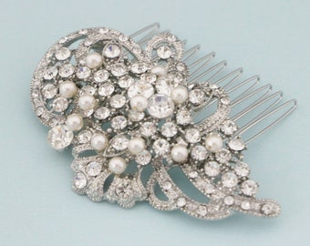 Side bridal headpiece Pearl hair comb Silver Wedding hair comb Rhinestone Hair accessories Wedding comb in Crystal hair comb Bridal haircomb