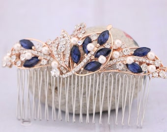 sapphire bridal comb Navy blue Wedding hair comb Pearl side comb Wedding hair accessories floral Crystal side hair comb Blue hair jewelry in