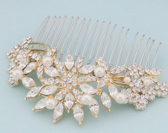 Gold Wedding hair comb Side bridal headpiece Wedding hair accessories floral Bridal hair comb Wedding hair jewelry Crystal hair comb Boho