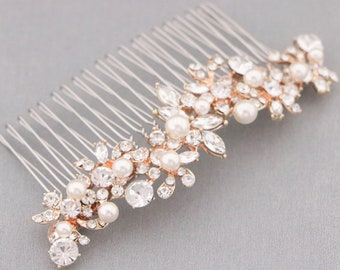 bridal hair piece for veil Rose gold Wedding hair comb Pearl side comb Wedding hair accessories for bun Gold veil comb Small or Large comb