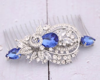 Blue bridal comb Sapphire Wedding hair comb Side bridal headpiece Wedding hair accessories floral Bridal hair comb Crystal side comb Boho