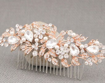 Large Bridal side comb bridal hair comb pearl wedding Gold Veil comb bridal rhinestone crystal comb Wedding hair comb Large hair comb Boho