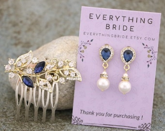 Wedding hair comb Small Bridal comb with pearl drop Wedding blue earrings Gold hair comb Bridal hair jewelry earrings Bridesmaid Blue comb