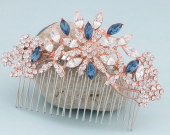 Rose gold Bridal hair comb Montana Crystal hair comb Side Wedding headpiece Rhinestone Wedding comb Bridal hair accessories Nave blue comb