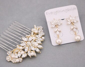 Wedding hair comb Side Wedding hair piece Boho hair comb Gold veil comb Pearl drop Wedding earrings Bridal headpiece Rhinestone hair comb in