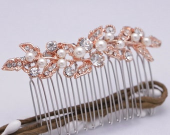 Floral Bridal Hair Comb Rose Gold Wedding Hair Comb Bridal Hair Accessory Pearl Hair Comb Hair Comb Wedding Hair Accessory for bride Side