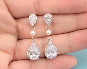 Wedding earrings pearl drop Bridal earrings Cubic Zirconia Bridal Earrings ivory pearl earrings pearl wedding jewelry Navy blue earrings