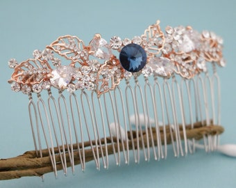 Bridal hair comb Navy blue Wedding comb in Blue hair jewelry Side bridal headpiece Wedding hair comb Rhinestone hair piece Rose gold comb in