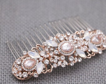White opal Bridal hair comb Crystal side comb Rose gold Bridal comb in Navy blue Wedding hair comb Bridal hair accessories Wedding headpiece
