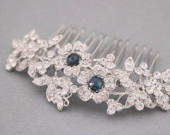 Bridal veil comb Navy hair comb Navy blue wedding hair clip Rhinestone hair comb for wedding hair accessories for bun Bridal hair comb updo