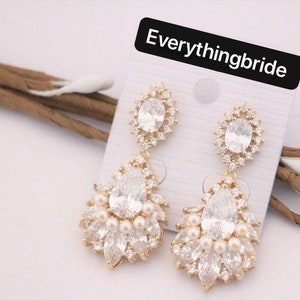 Bride Earrings Gold Pearl and Crystal Leaf Earrings Gold Cz Wedding Jewelry rhinestone earrings wedding earrings dangle Rose gold earrings