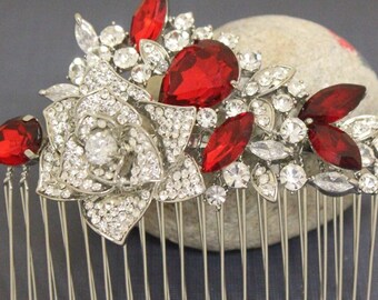 red rhinestone hair comb Silver Wedding hair comb Blue hair jewelry Navy blue Wedding comb Bridal hair accessories Wedding headpiece Bridal