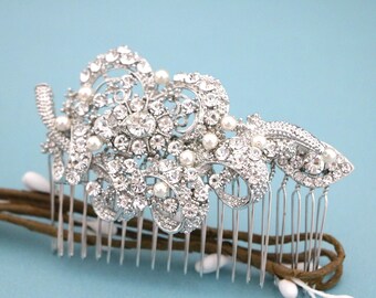 Silver Rhinestone Bridal Hair Comb: Pearl Wedding Headpiece Bridal hair clip Wedding hair accessories Crystal hair comb Wedding hair piece