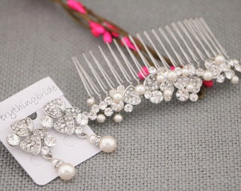Rose gold hair piece Wedding earrings pearl drop Wedding hair jewelry Bridal hair accessories for bun Pearl Bridal earrings Bridal hair comb