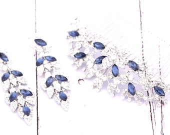 Bridal Blue comb Navy blue Wedding earrings Bridal Blue navy Earrings Silver Bridal hair clip Wedding Headpiece Rhinestone Wedding comb Boho