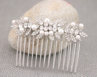Crystal and Pearl Bridal Comb Silver wedding hair comb Side bridal headpiece Wedding hair accessories for bun Gold Bridal earrings Hairpiece