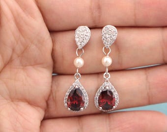 Silver Wedding earrings Bridal jewelry earrings Red Crystal earrings Navy blue Bridal earrings Bridesmaid earrings Rhinestone earrings Pearl