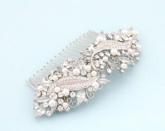 Art Deco Bridal Hair Comb: Rhinestone Pearl Wedding Headpiece Silver Wedding hair clip Gold veil comb Side hair piece Wedding hair comb Boho