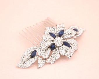 Crystal Wedding Hair Comb, Silver Bridal Headpiece with Navy blue Rhinestone Wedding hair clip Bridal hair accessories Wedding comb Bridal