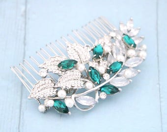 Emerald Crystal Rhinestone Hair Comb Green Wedding hair clip Silver Bridal hair comb Wedding hair accessories Pearl Wedding comb Side comb
