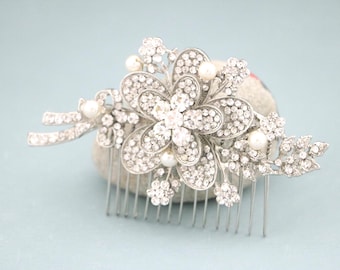 Rhinestone Pearl Wedding Hair Comb, Silver Bridal Hairpiece Gold Bridal hair clip Rose gold Wedding hair accessories Wedding hair clip Side