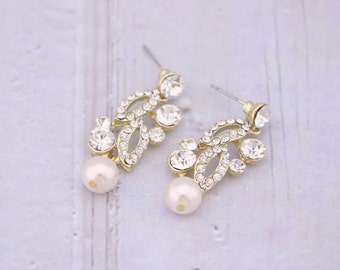 Bridal pearl earrings Long Wedding earrings Gold Bridal earring drop pearl chandelier earrings rose gold earrings wedding Rhinestone earring